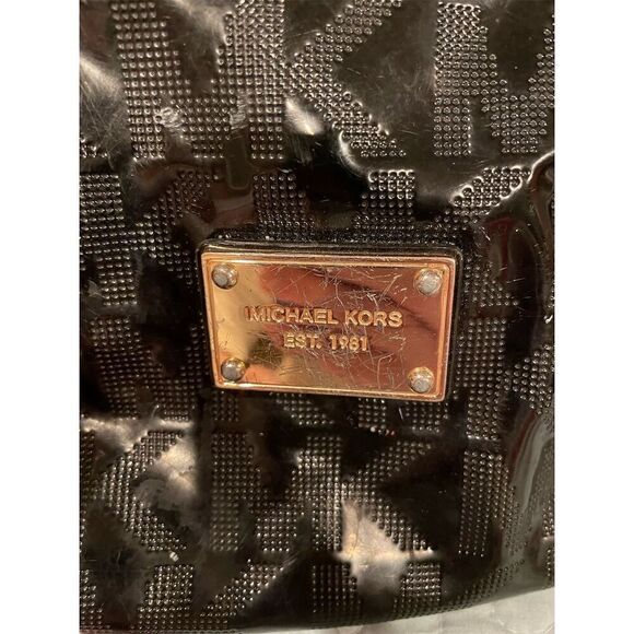 Michael Kors Black Patent Embossed Logo Shoulder Bag Gold Accents - Picture 3 of 9